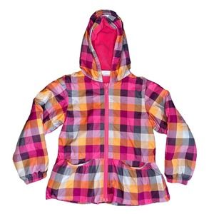 Hanna Andersson girl pink plaid jacket Fleece Lined Size 130 EUC